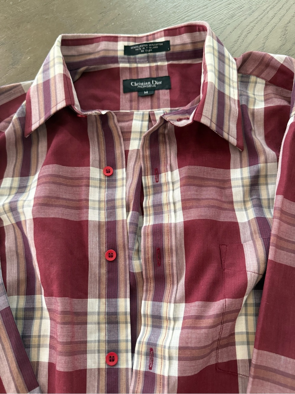 Vintage 8o 90 s Dior Monsieur Men’s Burgundy Plaid Button-Down Shirt Size Med